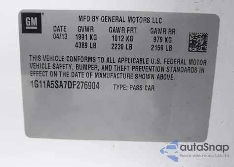 2013 Chevrolet Malibu 1Fl from USA, damaged, VIN 1G11A5SA7DF276904